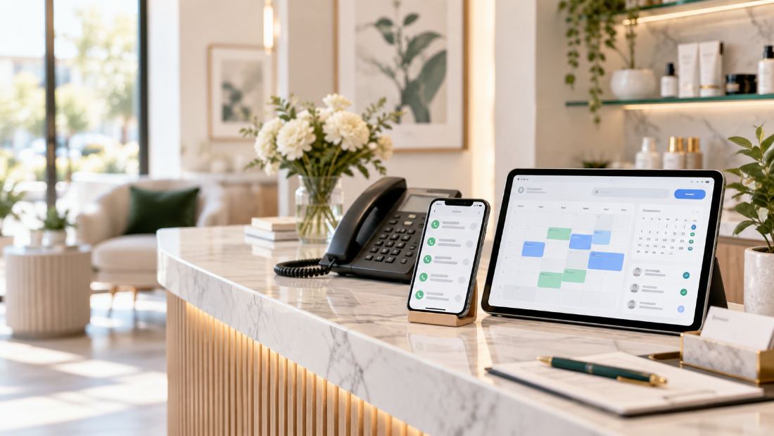 Front desk phone and appointment dashboard for an AI receptionist workflow